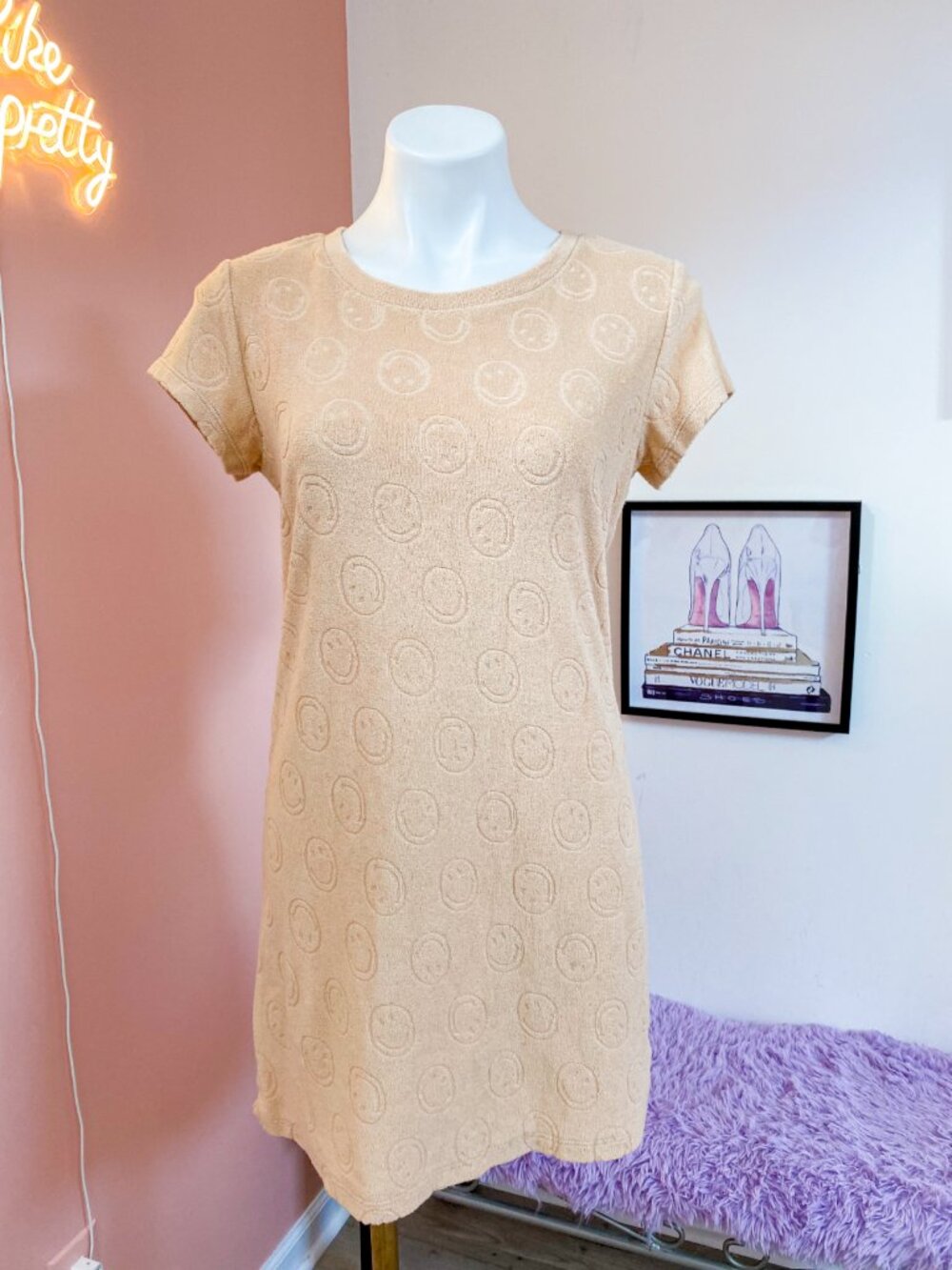 Offline by Aerie Tan Smile Face Terry Cloth T-Shirt Dress - Size Small